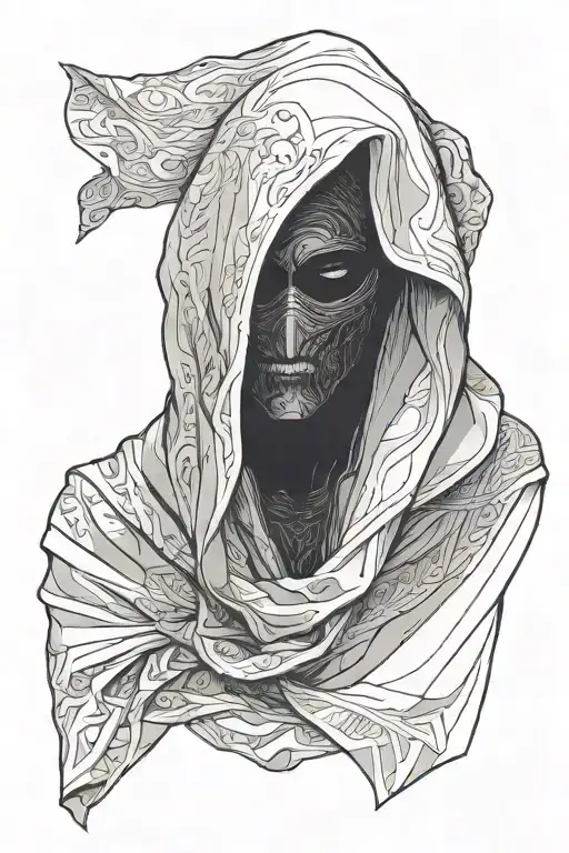 Front view. The man is wearing a long WHITE cloak with a hood that covers his head and shoulders and hides his face. The cloak is unfolded tattoo design idea