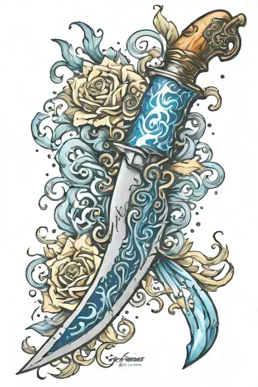 Blue flame knife tattoo design idea
