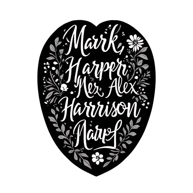 "Mark, Harper, Alex, Harrison" floral, clean lines going tattoo design idea