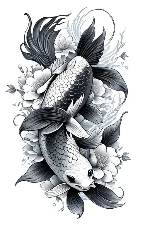 Japanese inspiration with koi carp and fine floral ornaments tattoo design idea