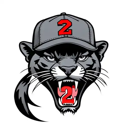 old-school panther head wearing a baseball cap, small red number 2 hidden on the teeth, American traditional x street ar tattoo design idea
