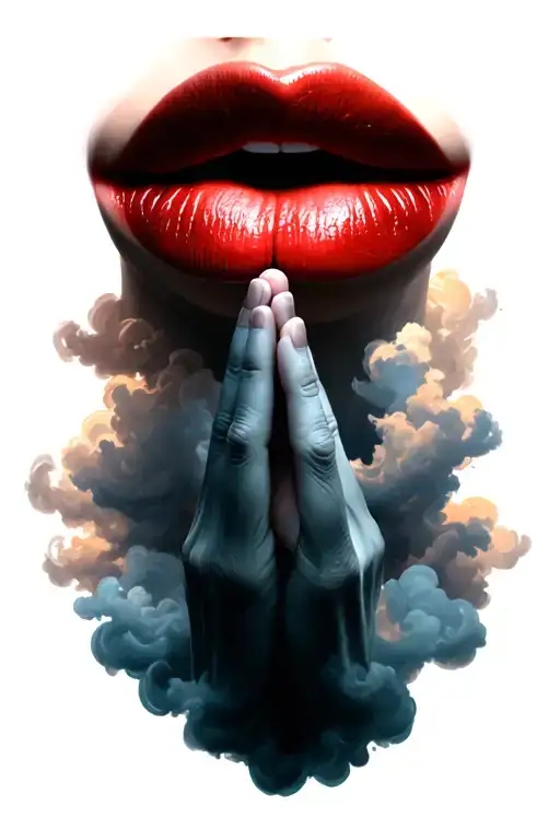 lips, clouds surrounding praying hands holding tattoo design idea