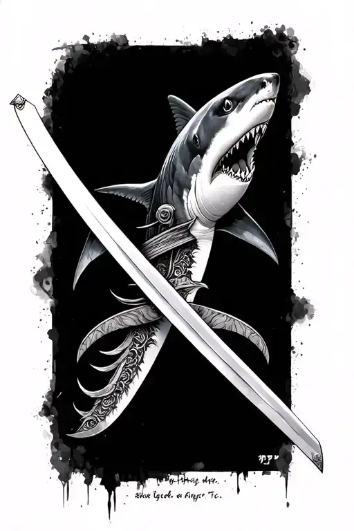 japanese sword, shark, inspirational quote tattoo design idea