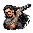 Filipinoi warrior mechanic with long hair, half sleeve tatto on right arm, wearing glasses, with a gun tattoo design idea