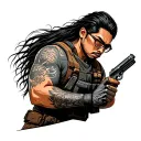 Filipinoi warrior mechanic with long hair, half sleeve tatto on right arm, wearing glasses, with a gun tattoo design idea
