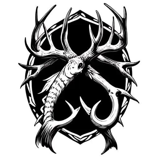 deer antler fish hook crossed tattoo design idea