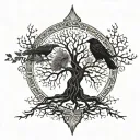 Nordic, runes, crow, Yggdrasil tree, tattoo design idea