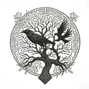 Nordic, runes, crow, Yggdrasil tree, tattoo design idea