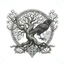 Nordic, runes, crow, Yggdrasil tree, tattoo design idea