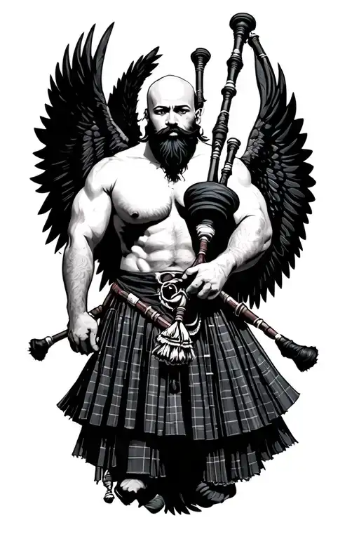 legless shirtless muscular bagpiper bald black beard playing bagpipes huge black wings tattoo design idea