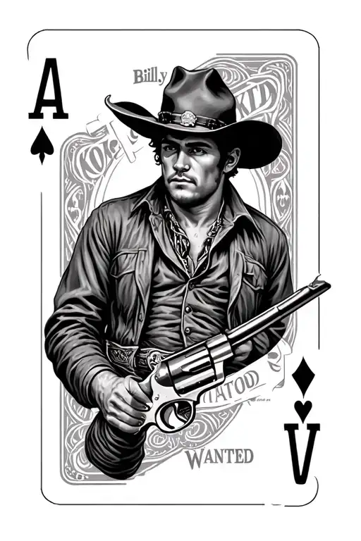 American outlaw sleeve tattoo featuring Billy the kid, full house deck of cards, revolver, horses, wanted sign  tattoo design idea
