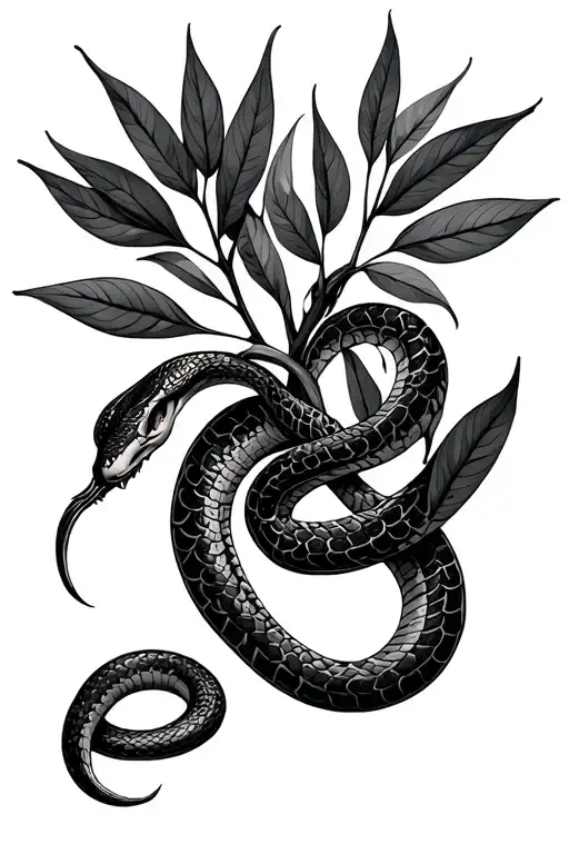 thin snake wrapped around olive branch surrounded tattoo design idea