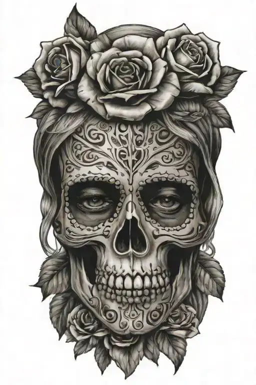 women mexican skull and roses tattoo design idea