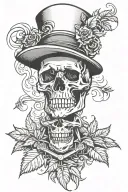 A skull wearing a lowrider hat surrounded by smoke and marijuana leaves tattoo design idea