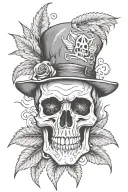 A skull wearing a lowrider hat surrounded by smoke and marijuana leaves tattoo design idea