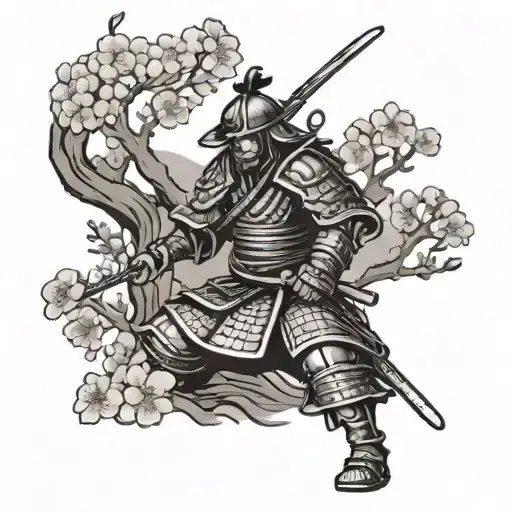 small samurai warrior with cherry blossom tree tattoo design idea