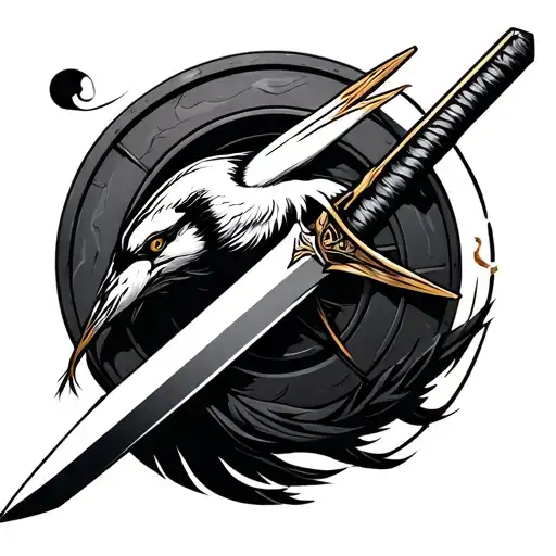 Japanese Heron sword with Wheel turning its head tattoo design idea