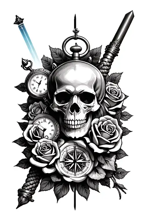 Skull, roses, compass, lion, pocket watch, lightsaber, magic wand, rope tattoo design idea
