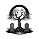 cemetary with tree of life, 2 tomb stones on each side of the tree, and a moon background black tattoo design idea
