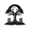 cemetary with tree of life, 2 tomb stones on each side of the tree, and a moon background black tattoo design idea