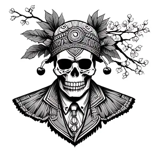 Azteca Guerrero Skull with a servant suit and cherry trees tattoo design idea