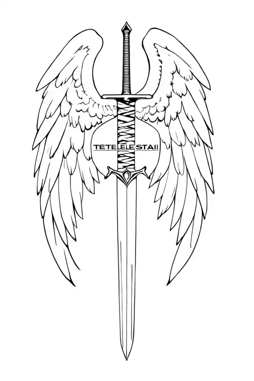 angel wings, a sword with tetelestai written and a protective shield ( like a thin rope) running across sword. tattoo design idea