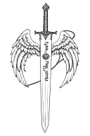 angel wings, a sword with tetelestai written and a protective shield ( like a thin rope) running across sword. tattoo design idea