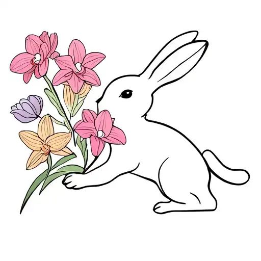 running bunny rabbit with tulips and orchids tattoo design idea