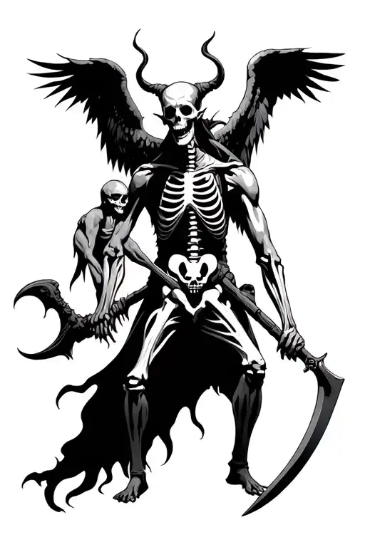 combination of skeleton, demon, and devil with a scythe, with two angels pulling at its shoulders tattoo design idea