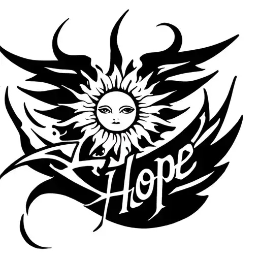 A black tribal-style tattoo featuring a stylized sun above a pair of symmetrical, sharp-edged wings, with the word Hope tattoo design idea