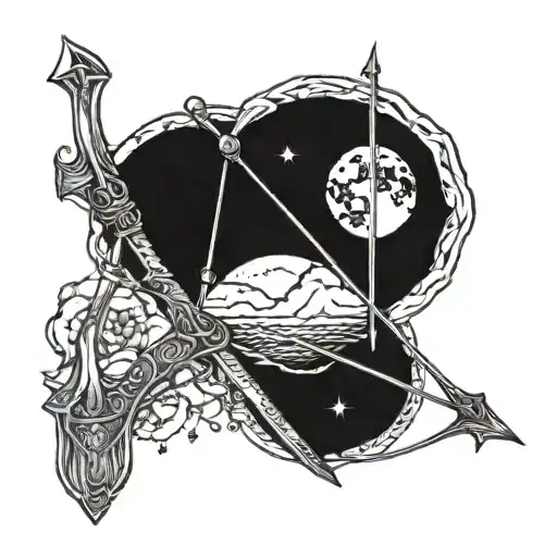 A detailed bow and arrow design with a moon in the background tattoo design idea