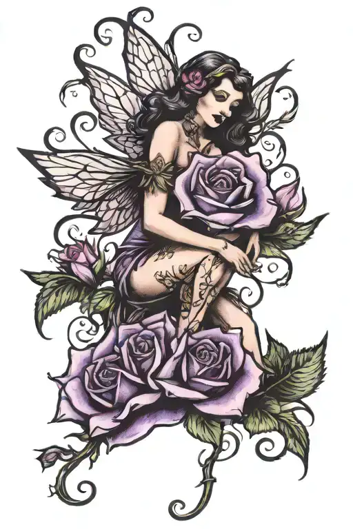 fairy sitting on top of four purple roses blooming tattoo design idea