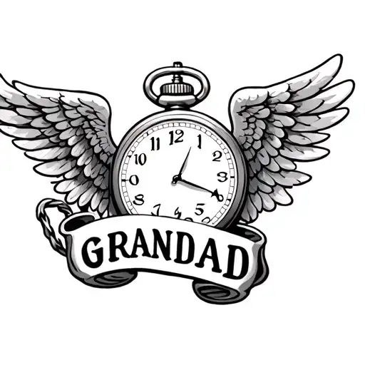 pocket watch with angel wings with the word grandad  tattoo design idea