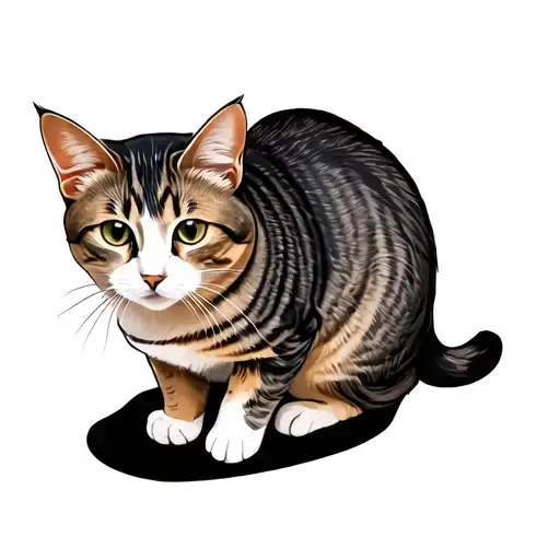 The Cat:Coat: The cat has a classic tabby pattern with swirling, dark stripes on a lighter brown and grey background.  tattoo design idea