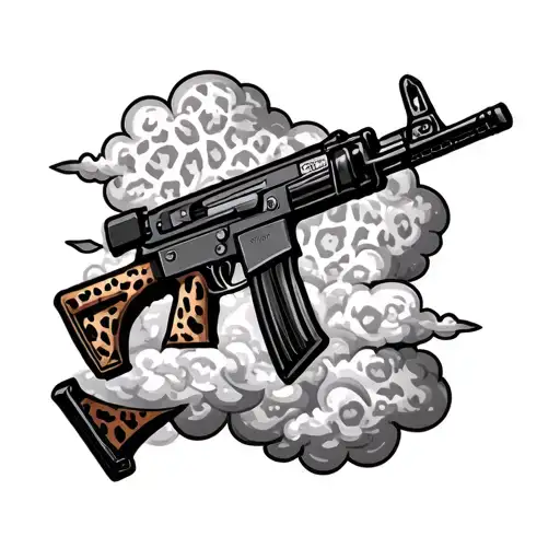 leopard print surrounding a ak47 near clouds tattoo design idea
