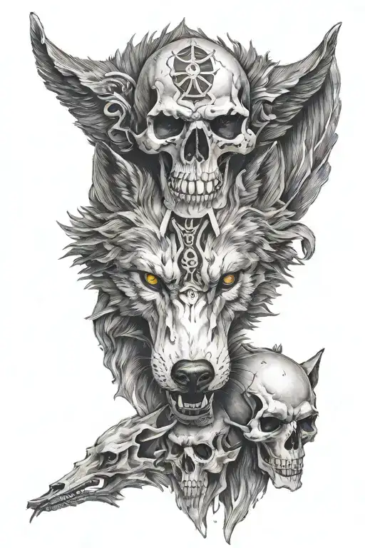 Wolf head ans skull tattoo design idea