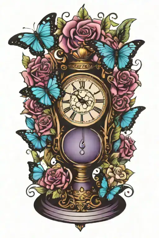 2 hour glasses full, one hour glass empty, clock, purple and teal butterflies tattoo design idea