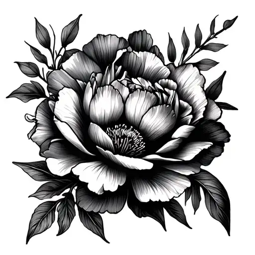 "Highly detailed black and white floral tattoo design, hand-drawn line art style, includes peony, lily, and poppy flower tattoo design idea