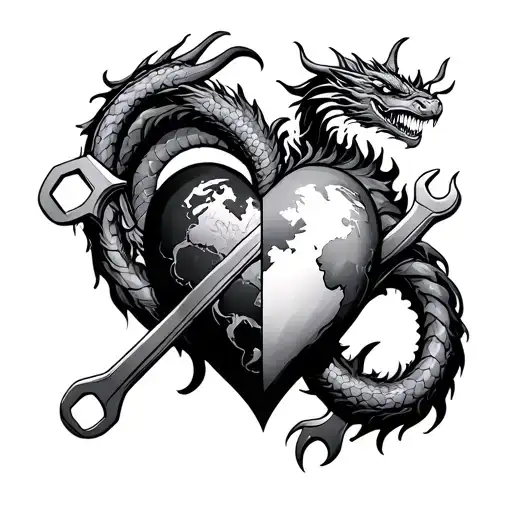 “Tattoo design featuring a heart that is half human, half metal, crossed by a wrench. A Chinese Earth dragon coils aroun tattoo design idea
