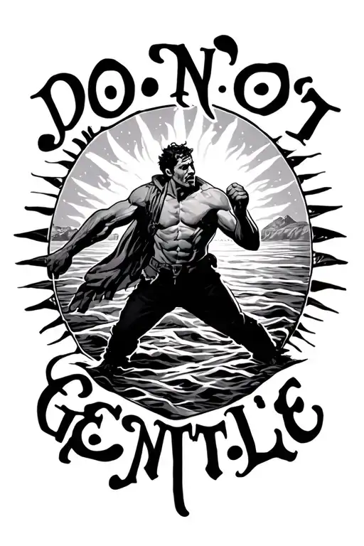 "Do not go gentle " a man fighting against the sun setting  tattoo design idea