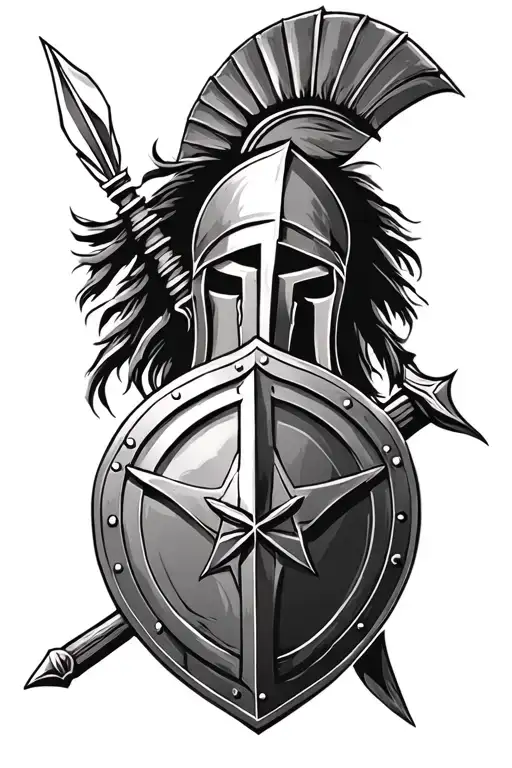 spartan spear and shield, with a spartan helmet  tattoo design idea