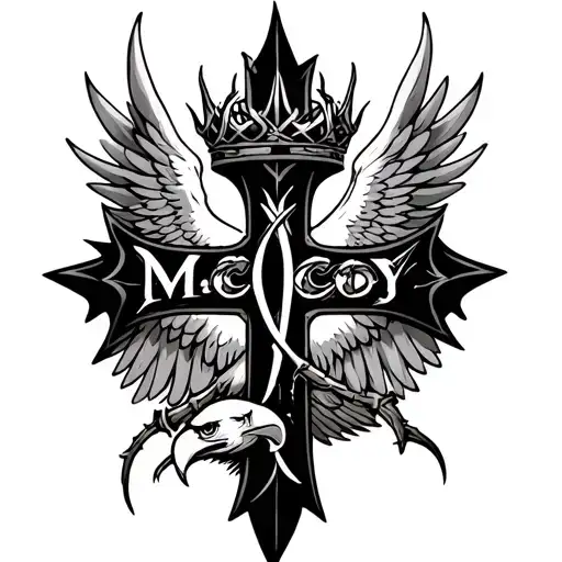 Cross with eagle wings and thorn crown with McCoy written tattoo design idea