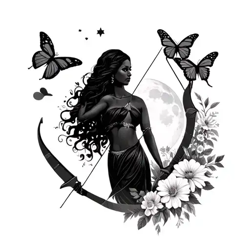 sagittarius sign , black woman , butterflies , flowers , sun behind & a moon . i need a bow and arrow tattoo design idea