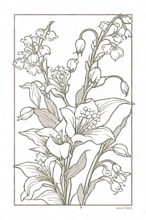 even more SIMPLE, not detailed bouquet of lily of the valley, rose, and morning glory tattoo design idea