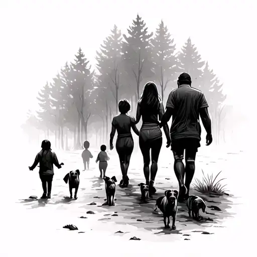 forest scene , man and women walking away with dogs and kids tattoo design idea