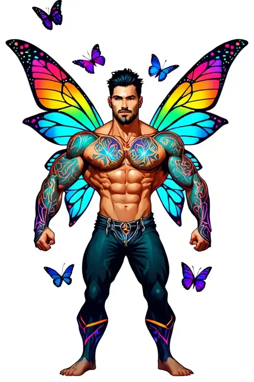 sexy adult gay male faery cartoon bodybuilder, playful, magical. Around him are butterflies, rainbow geometry fractals  tattoo design idea