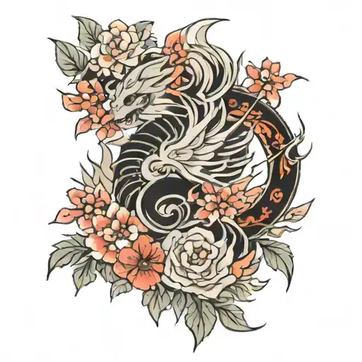  “Design a luxurious and classy Japanese-inspired full sleeve tattoo in black ink with bright accents. The sleeve should tattoo design idea