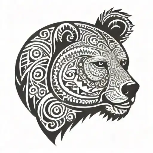 Grizzy bear head surrounds by Taino tribal patterns tattoo design idea