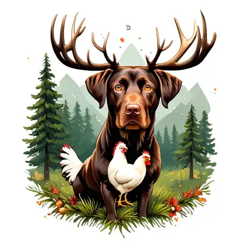 chocolate labrador dog, white chicken, forest scene, elk tattoo design idea