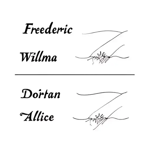 5 first names Frederic Wilma Dorian Tristan Alice tattoo design idea